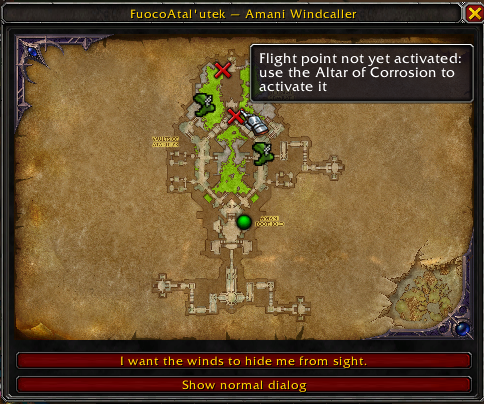 A red X is a flight point you have not activated yet, and the tooltip says where to go: the Altar of Corrosion.