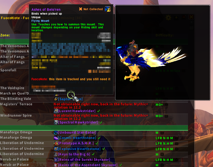 Hover a collectible and its 3D model appears beside the list; the tooltip also says that FuocoNote tracks it and you still need it, and drops that are out for now say when they come back.