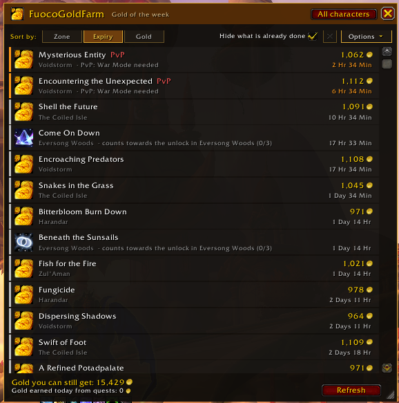 Sorted by expiry: the quests that end first come first, PvP ones marked, and at the bottom the gold you can still get and the gold earned today.