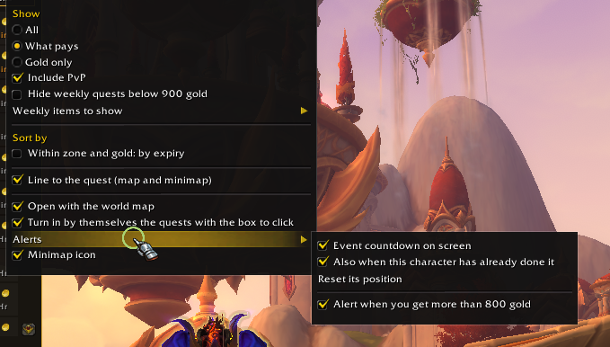 The alerts: the countdown before timed events and the golden alert over 800 gold. Next to them, the quests with the box to click that turn themselves in.