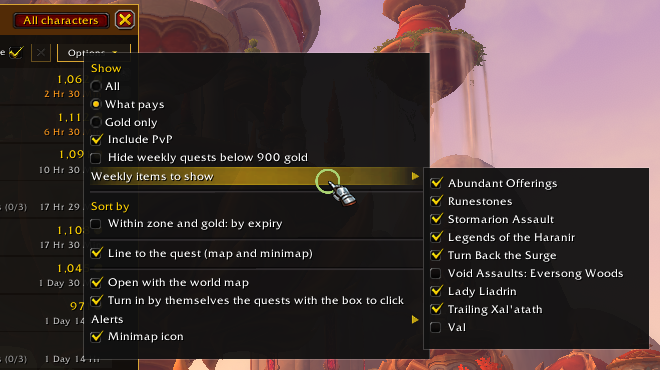 The options menu: what to show, how to sort, and which weekly rows to keep in the list.