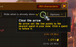 The arrow button: with no arrow set, the line goes to the nearest quest in your zone; click a quest to follow that one.